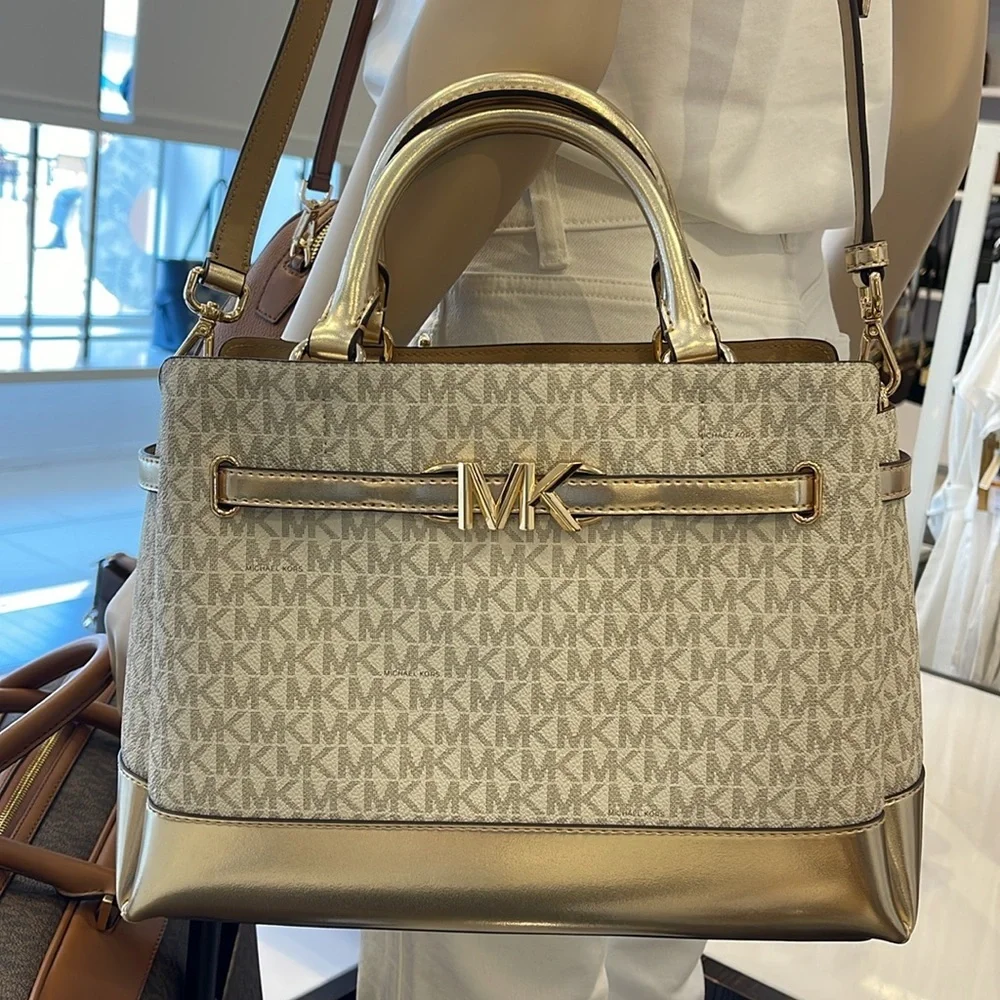 MICHAEL KORS  Reed Large Central Zip Graphic Logo Belted Satchel Pale Gold  NWT